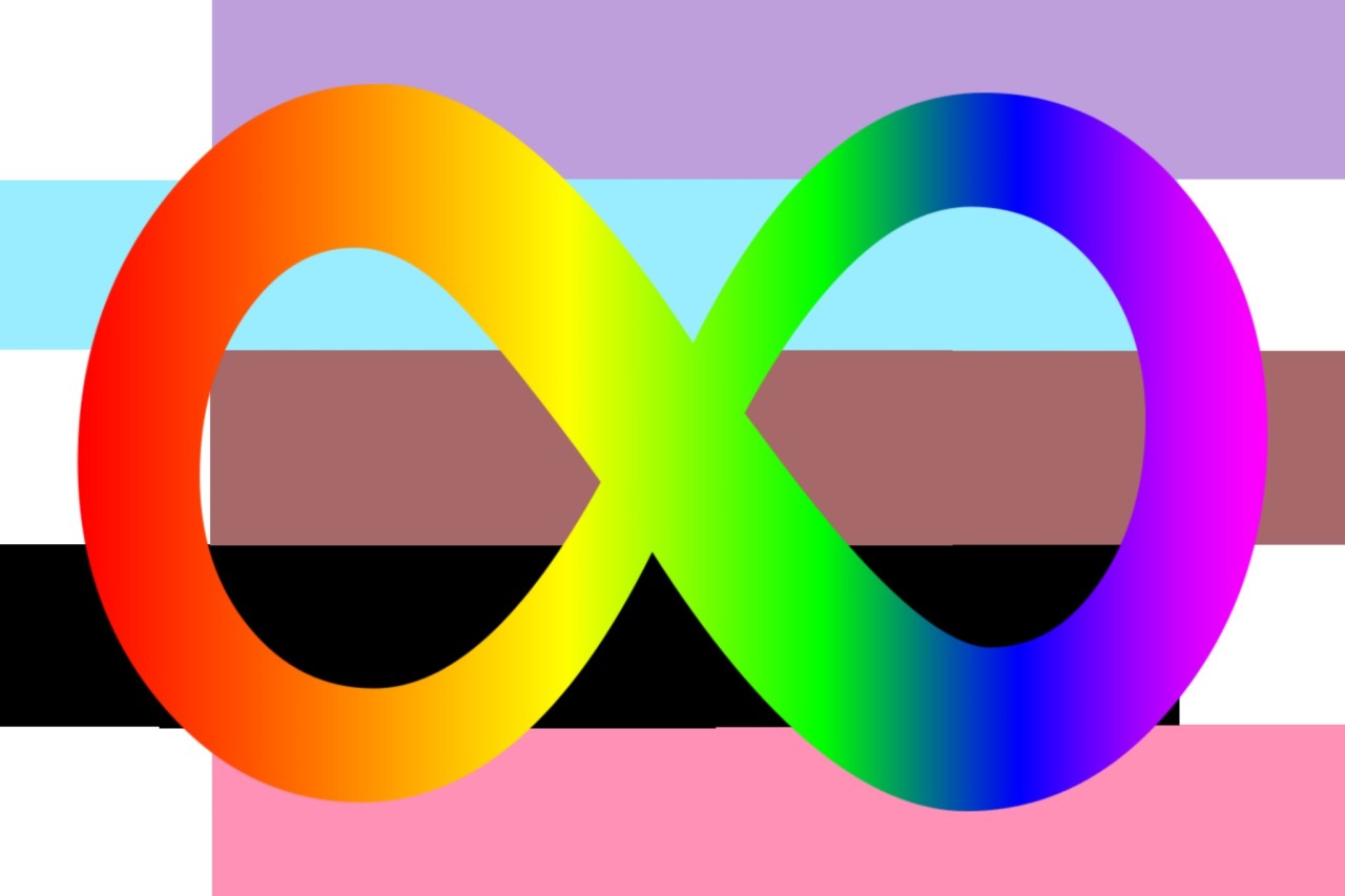 the same flag as above, this time with the Autistic Self Advocacy Network's rainbow infinity symbol on top of it.