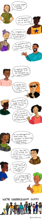 xenofemme:
“ I was inspired by these posts by @positivelygenderqueerguy to make a little comic about why some people might identify as genderqueer guys! Done with markers on index cards so the color is a little off :o
“ Image description:
An image...