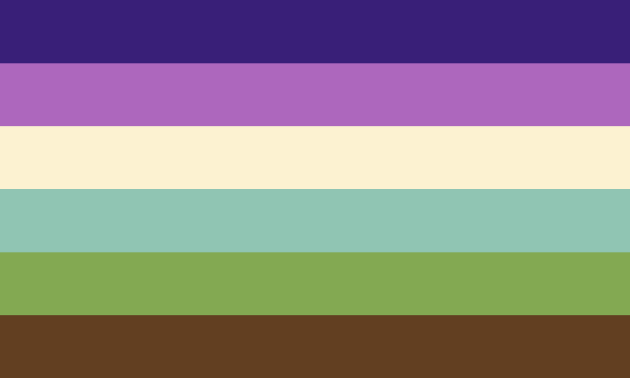 a six stripe flag colors from top to bottom: dark purple, purple pink, white/cream, aquamarine, green, and brown