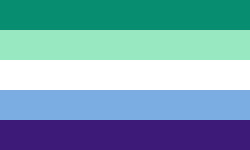 a five stripe flag. colors from top to bottom are: dark green, mint green, white, blue, indigo