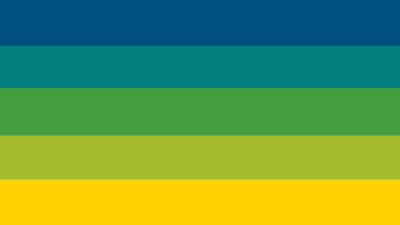 a five horizontal stripe flag with colors from top to bottom: navy blue, turquoise, grass green, olive green, yellow
