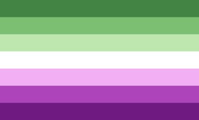 a seven stripe flag with colors from top to bottom: dark green, green, pastel green, white, light pink, fuscia, purple