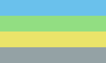 a four horizontal stripe flag from top to bottom: blue, green, yellow, and gray