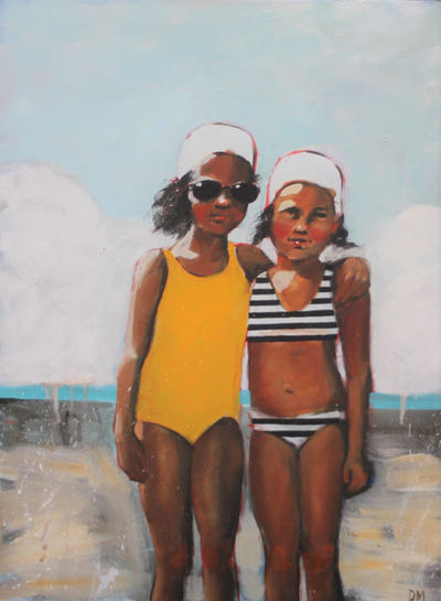 Debbie Miller, ‘"Best Friends" oil painting of two girls in bathing caps a yellow suit and a striped bikini’, 2020