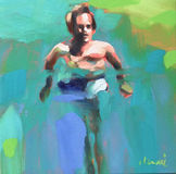  "Mythography 140" oil painting of a man swimming in green and blue water
