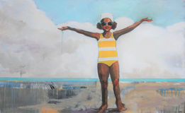"Home Again" oil painting of a girl in a yellow striped swimsuit and goggles with arms raised