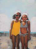 "Best Friends" oil painting of two girls in bathing caps a yellow suit and a striped bikini