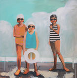 "Friend Circle" oil painting of three girls in bathing suits, caps and goggles