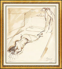 George Grosz Original Watercolor Painting Signed Nude Female Illustration Art