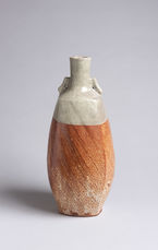 Tall Vase with Shino glaze and lug "ear" handles