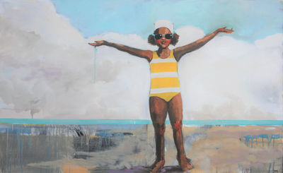 Debbie Miller, ‘"Home Again" oil painting of a girl in a yellow striped swimsuit and goggles with arms raised’, 2020