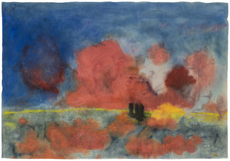 Meer mit roten Wolken und dunklen Seglern (Sea with red clouds and dark sailing boats)