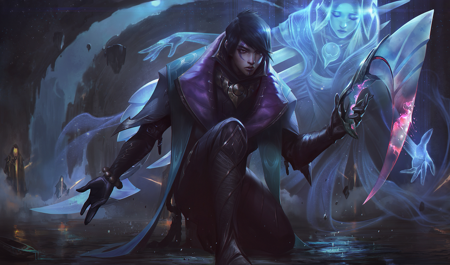 League of Legends - Aphelios from League of Legends, a young man with a crecent moon painted over one eye and black hair in a large coat. He is holding a magical blade. His spiritual sister, Alune, hovers over him protectively.