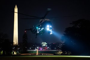 Marine One carrying President Donald J. Trump approaches for a landing on the South Lawn of the White House Tuesday, Jan. 12, 2021, following his trip to Texas