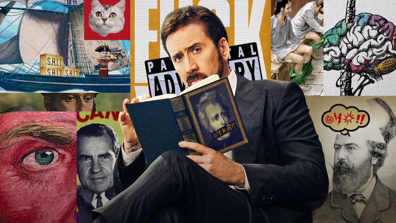 Nicolas Cage reading a book about swearing