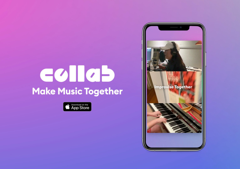 The Facebook Collab logo next to a smartphone showing a screenshot of the Collab interface.