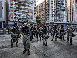 Police in riot during a protest in Hong Kong