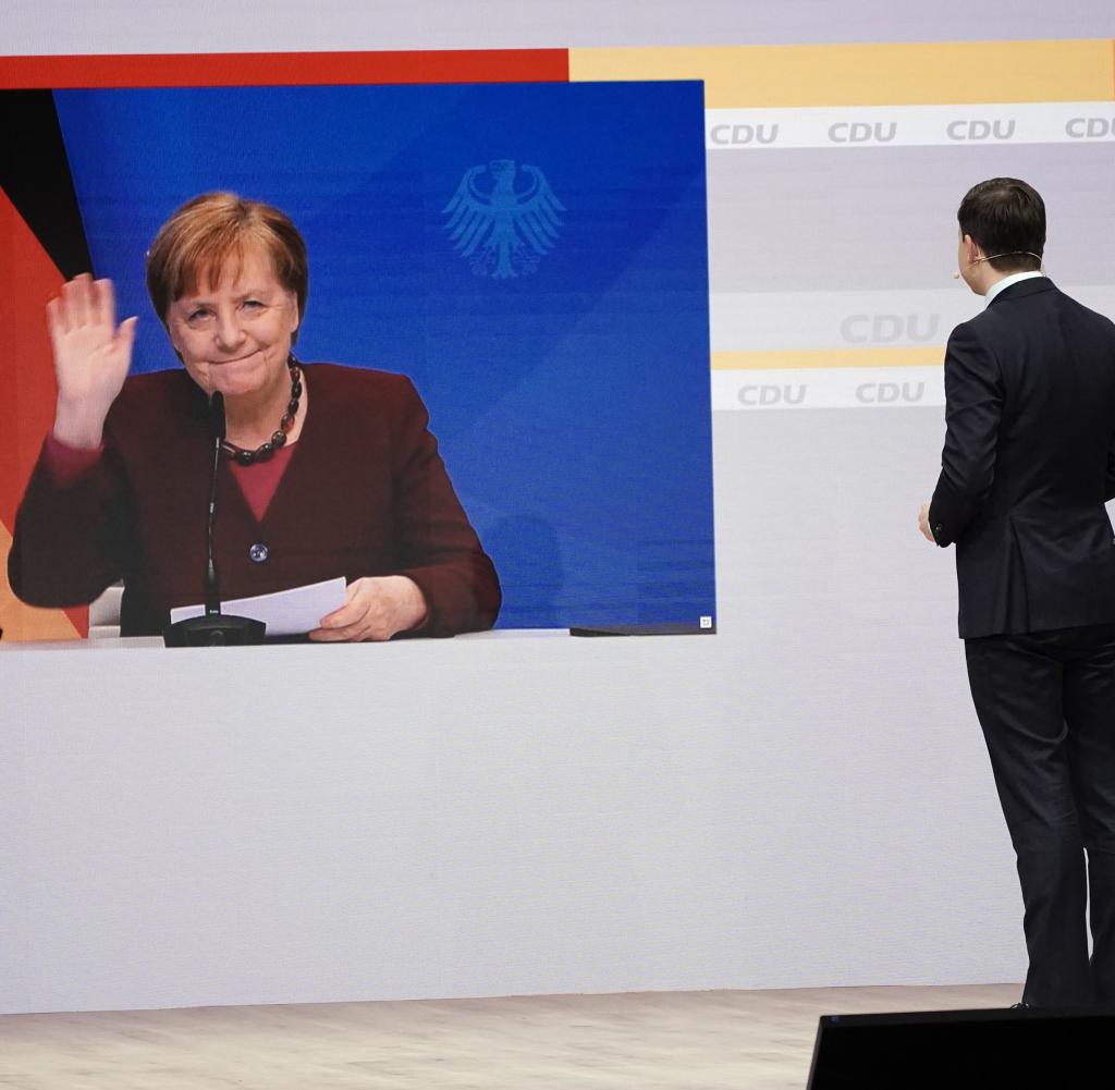 Angela Merkel ist digital zugeschaltet beim digitalen Bundesparteitag der CDU und spricht ein Grußwort