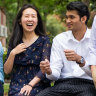 The seven James Ruse students who received an ATAR of 99.95, from left to right: Winston Huang (standing), Eric Huang;  Anthony Hwang; Sariena Ye; Dineth Fernando; Alexander Van Phan; Grace Li.