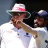 India's Mohammed Siraj stops play during last week's cricket Test at the SCG to make a complaint to umpire Paul Reiffel about spectators.