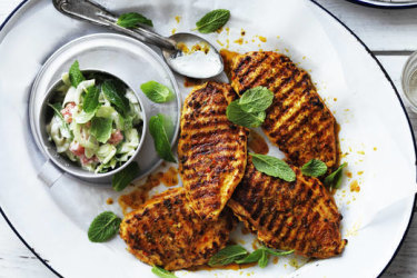 Grilled chicken breast with cucumber and yoghurt relish.