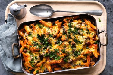 Adam Liaw's mushroom and spinach stroganoff pasta bake.