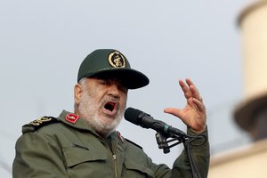 Chief of Iran's Revolutionary Guard Gen. Hossein Salami speaks at a pro-government rally denouncing last week’s violent protests over a fuel price hike, in Tehran, Iran, Monday, Nov. 25, 2019.