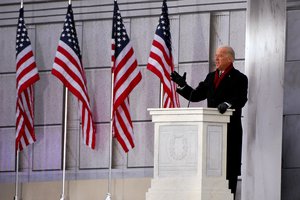 Joe Biden speaks to the crowd gathered at the Lincoln Memorial on the National Mall in Washington, D.C., Jan. 18, 2009