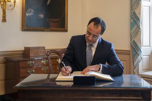 Republic of Cyprus Foreign Minister Nikos Christodoulides signs the guest book, at the Department of State in Washington D.C. on November 18, 2019