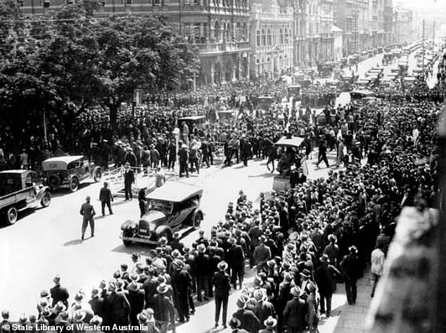 Despite two-thirds of West Australians voting for independence in 1933, the British Parliament said no after receiving a petition from the state. Pictured are unemployed men in Perth during the early 1930s marching to see their premier Sir James Mitchell