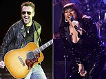 This combination photo shows Eric Church performing at the 2016 Stagecoach Festival in Indio, Calif., on April 29, 2016, left, and Jazmine Sullivan performing at the Pre-Grammy Gala And Salute To Industry Icons in Beverly Hills, Calif., on Feb. 9, 2019. Sullivan and Church will join forces to sing the national anthem at the next month's Super Bowl, where Grammy-winning singer H.E.R. will perform "America the Beautiful." (Photo by Chris Pizzello/Invision/AP, File)