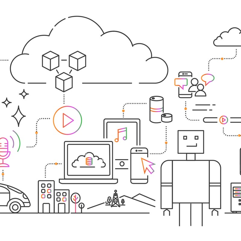 Illustration of cloud concepts, including computers, cell phones, cars, and robotics.