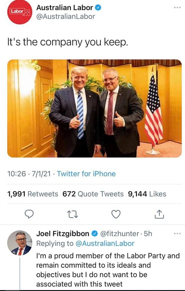 The Labor Party on January 7 tweeted an image of Mr Morrison with President Trump with the caption: 'It's the company you keep.' Joel Fitzgibbon, who late last year quit the Opposition frontbench, condemned his own party's social media page