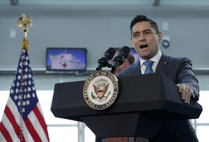 Carlos Vecchio, ambassador to Washington for Venezuelan opposition leader Juan Guaido, speaks during a news conference outside of the USNS Comfort docked at PortMiami, Tuesday, June 18, 2019, in Miami.