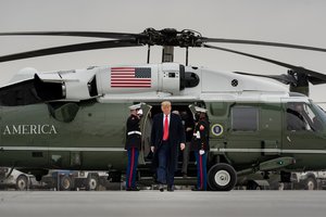 President Donald J. Trump disembarks Marine One at Valley International Airport in Harlingen, Texas Tuesday, Jan. 12, 2021, and boards Air Force One en route to Joint Base Andrews, Md.