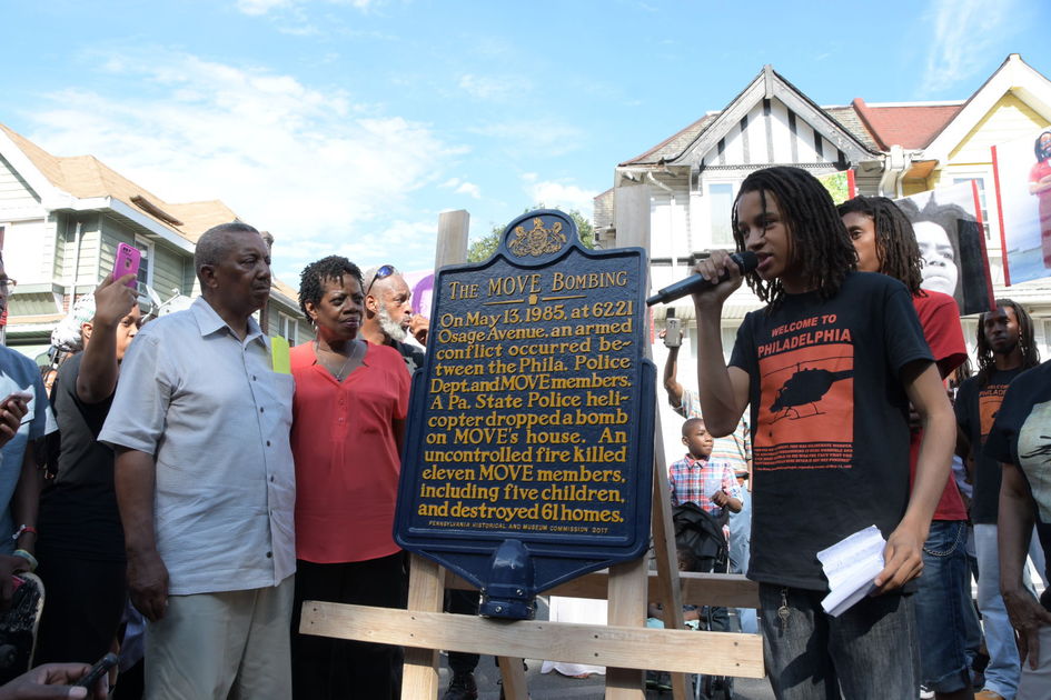 Unveiling of MOVE historical marker with MOVE youth speaking