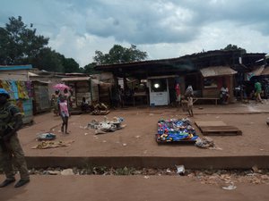 United Nations peacekeeper force supervise street scene in Bangui, Central African Republic