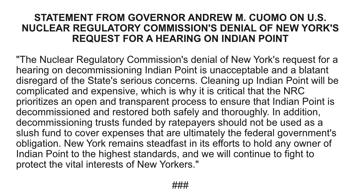 STATEMENT FROM GOVERNOR ANDREW M. CUOMO ON U.S. NUCLEAR REGULATORY COMMISSION'S DENIAL OF NEW YORK'S REQUEST FOR A HEARING ON INDIAN POINT