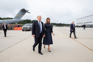 President Donald J. Trump and First Lady Melania Trump arrive to the John Murtha Johnstown-Cambria County Airport in Johnstown, PA, on their way to attend 9/11 anniversary memorial ceremonies Tuesday, Sept, 11, 2018, at the Flight 93 National Memorial in Shanksville, Pa.