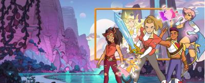 Image of Adora, Bow, Glimmer and Catra posing in front of the city of Brightmoon in this new She-Ra jigsaw game.