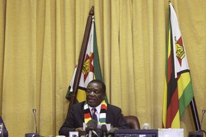 Emmerson Mnangagwa addresses  the media at his  offices in Harare,  Wednesday, Aug, 29, 2018