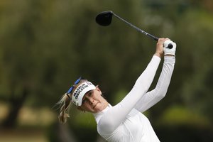 Jessica Korda watches her tee shot on the third hole during the second round of the LPGA's ANA Inspiration golf tournament at Mission Hills Country Club in Rancho Mirage, Calif., Friday Sept. 11, 2020.