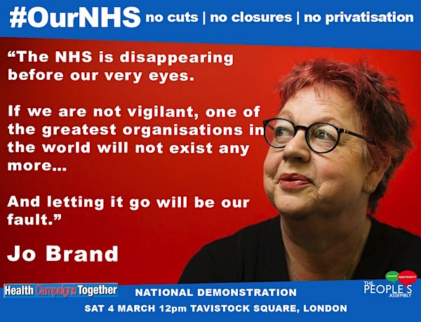 Comedian (and former psychiatric nurse) Jo Brand showing her support for the NHS and for the national demonstration in support of the NHS on Saturday March 4, 2017.