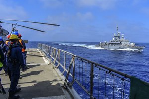 In this photo provided by the Greek Defense Ministry on Friday, Sept. 4, 2020, warships participate in a joined training drill with armed forces from Greece and the United Arab Emirates near the Greek island of Crete, southern Greece.