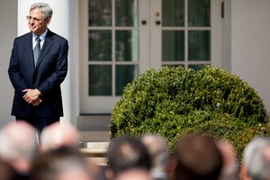 File - Federal appeals court judge Merrick Garland, pictured, stands with President Barack Obama and Vice President Joe Biden as he is introduced as Obama’s nominee for the Supreme Court during an announcement in the Rose Garden of the White House, in Washington, Wednesday, March 16, 2016.