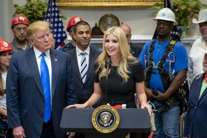 President Donald J. Trump listens as Presidential Advisor Ivanka Trump delivers remarks on U.S. 5G deployment technology Friday, April 12, 2019, in the Roosevelt Room at the White House.