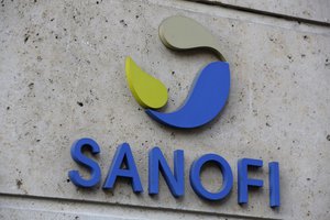 The logo of French drug maker Sanofi is pictured at the company's headquarters, in Paris, Monday, Nov. 30, 2020.