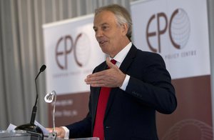 Former British Prime Minister Tony Blair speaks during an event, Brexit and the EU, in Brussels on Thursday, March 1, 2018. European Council President Donald Tusk will meet with British Prime Minister Theresa May on Thursday to discuss how to keep the Irish border open following Brexit, after she rejected the EU's proposal. (AP Photo/Virginia Mayo)