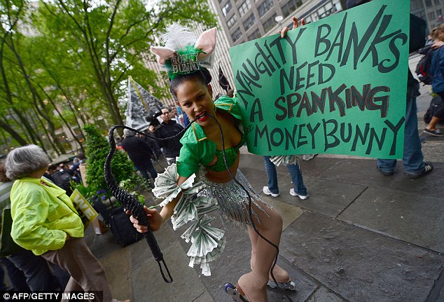 Going all out: Another activist at Bryant Park, where a rally is operating with the permission of the council