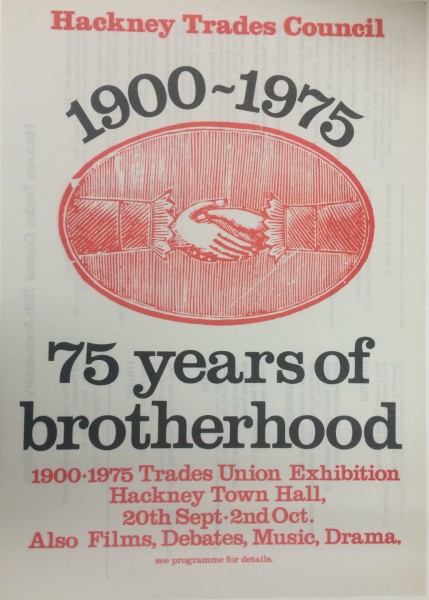 Front cover of leaflet to celebrate 75 years of the Hackney Trades Council.